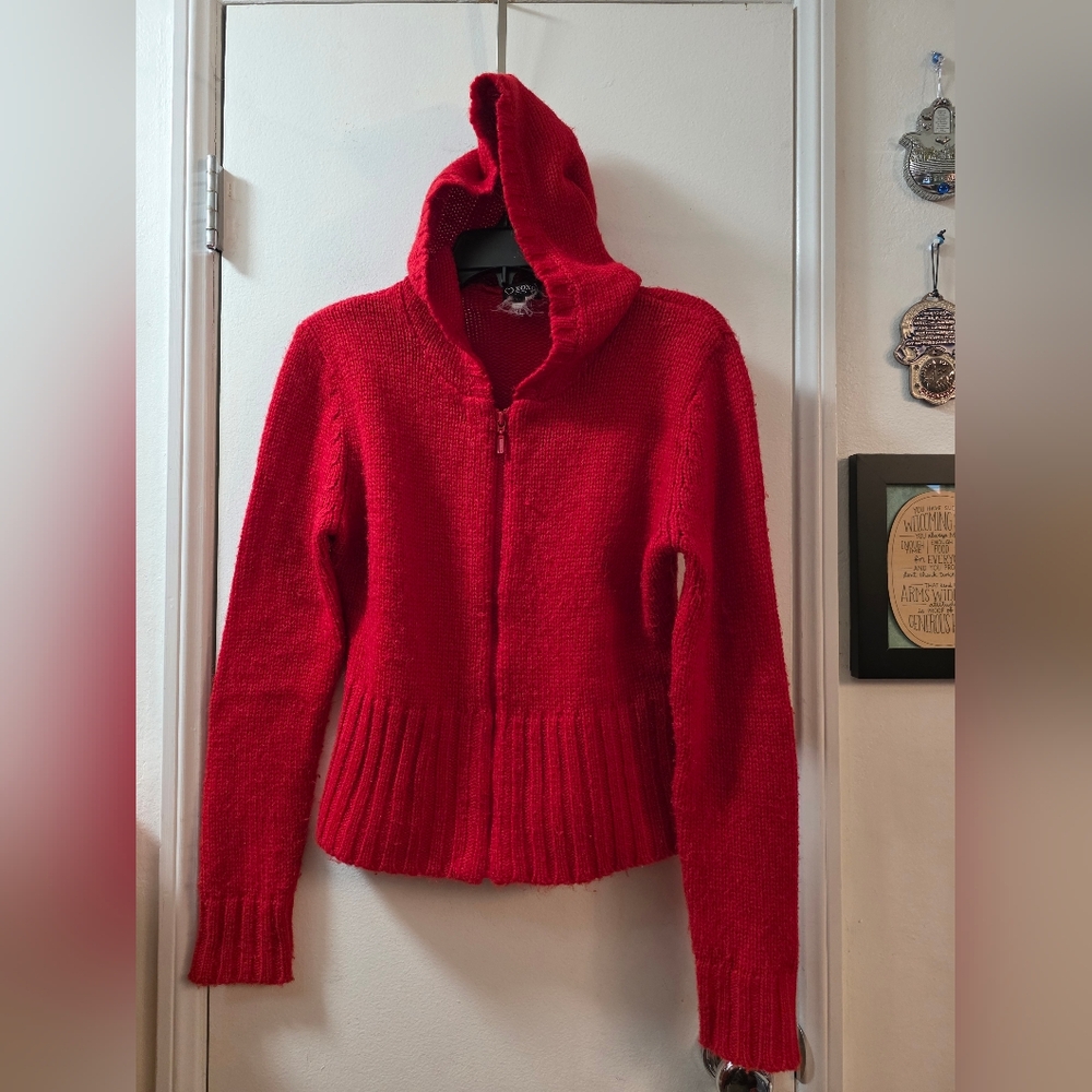 Red Knit Hooded Zip-Up Sweater